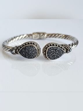 Genuine Sarda Black Druzy Quartz & Hematite Cuff Bracelet Sterling Silver!